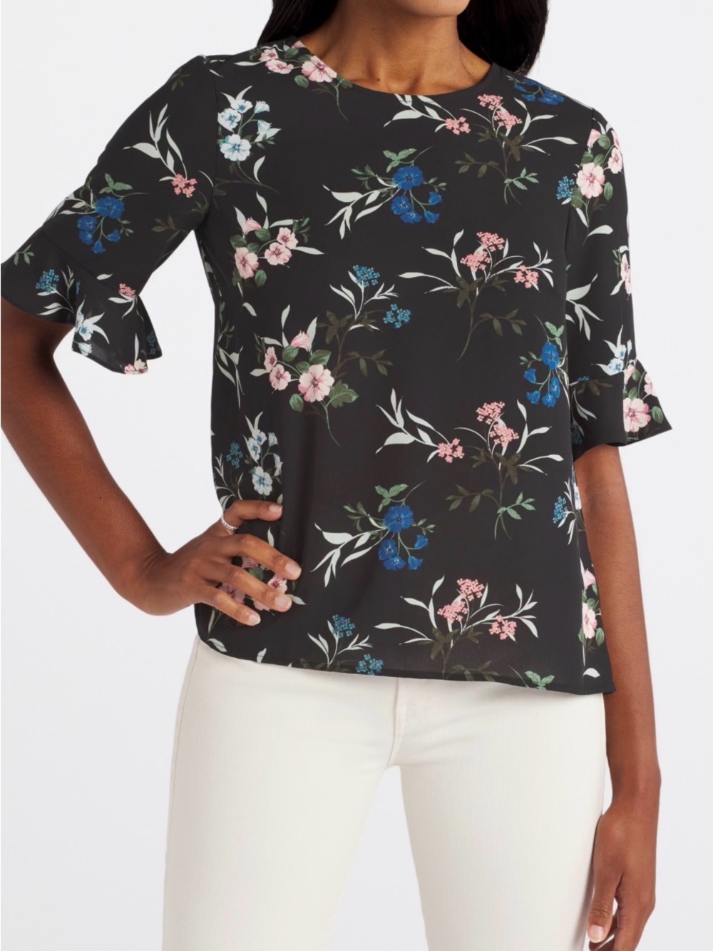 CeCe Black Floral Ruffle-Sleeve Blouse with Blue & Pink Flowers